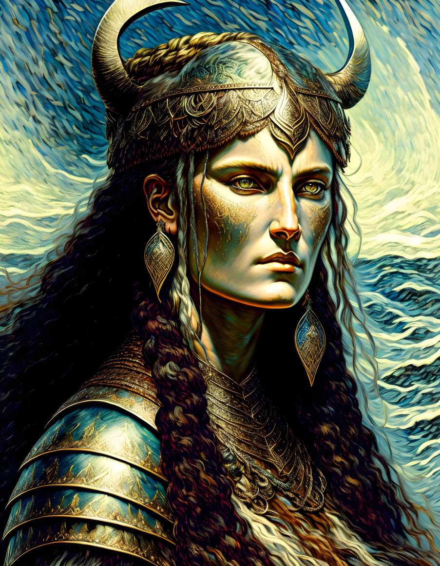 Mythical warrior woman in horned helmet and ornate armor by swirling sea