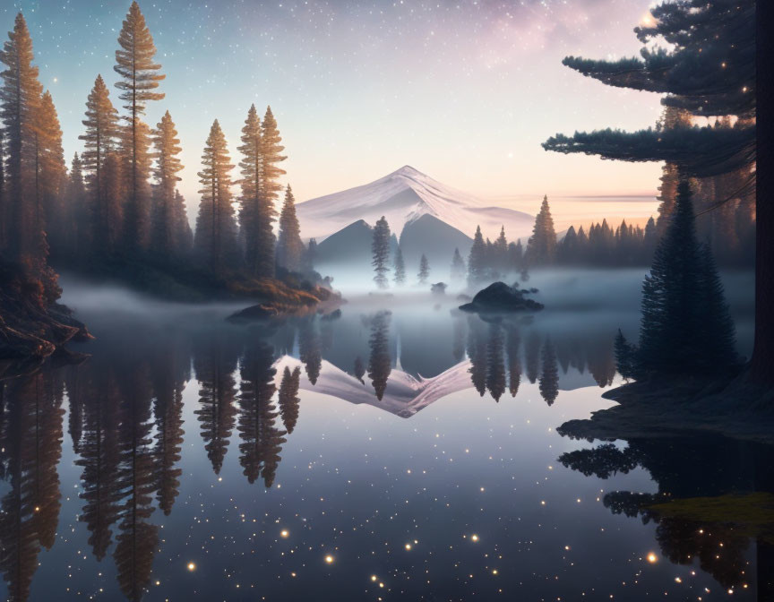 Misty forest lake at dawn with mountain reflection.