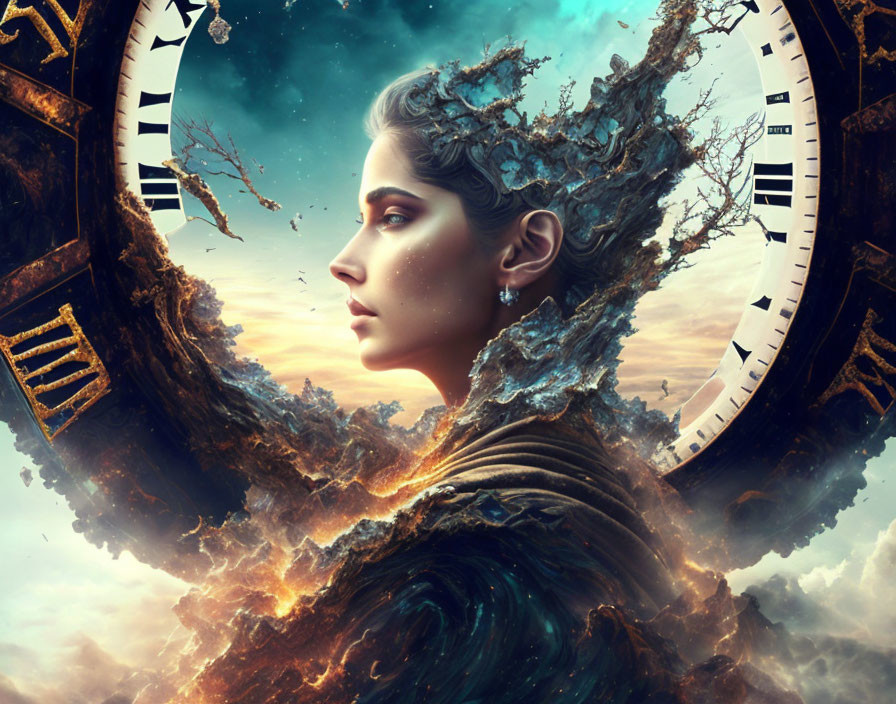 Surreal portrait of woman blending with earth and sky, framed by clock symbolizing time and nature