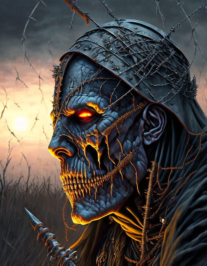 Skull-faced figure with glowing eyes and dagger against dusk sky