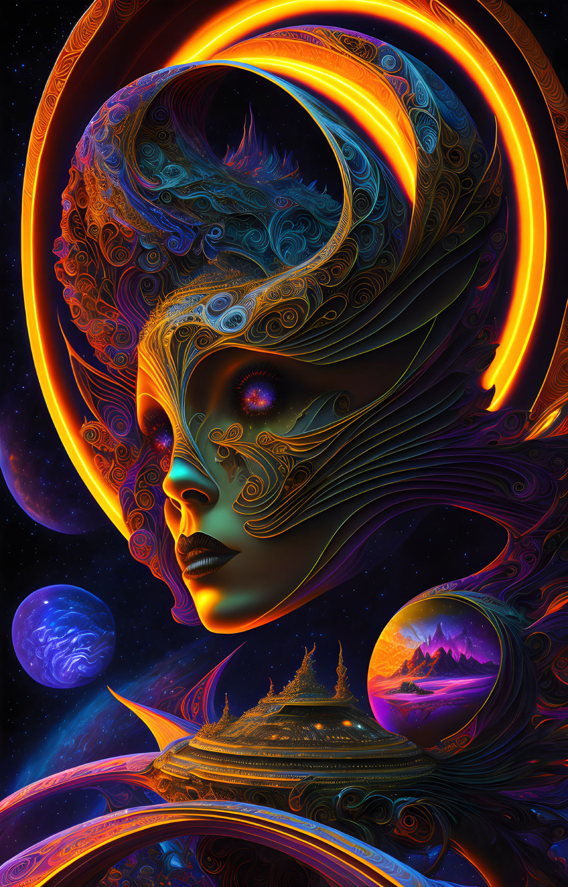 Surreal portrait featuring cosmic entity with female visage and celestial elements