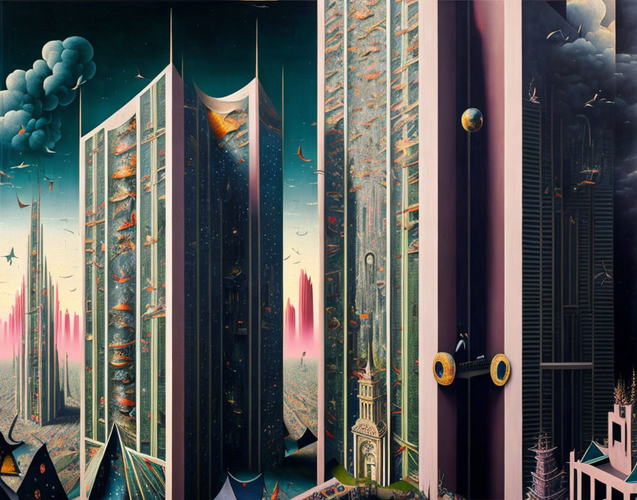 Surreal futuristic cityscape with fish, towering structures, and celestial bodies