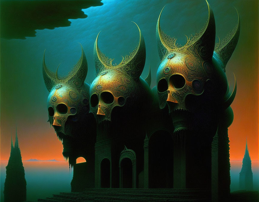 Surreal artwork: Skull-like structures with ornate horns in emerald sky