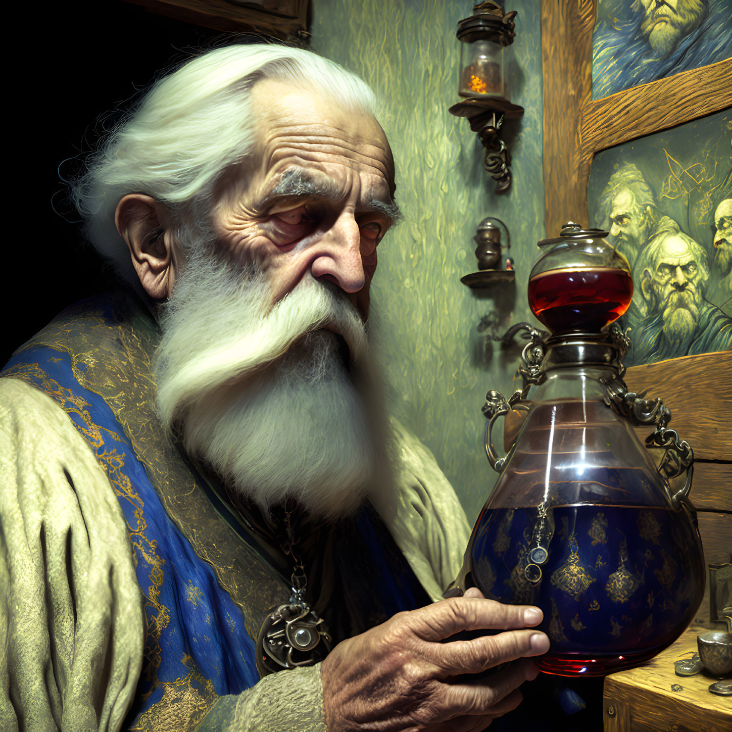 Elderly bearded man with red potion in glass vessel, blue robe, and paintings.