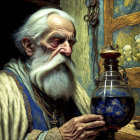 Elderly bearded man with red potion in glass vessel, blue robe, and paintings.