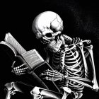 Monochrome skeleton reading book under starry sky