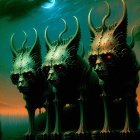 Surreal artwork: Skull-like structures with ornate horns in emerald sky