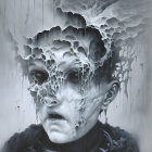 Surreal monochromatic artwork: woman's face with honeycomb-like textures