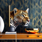 Leopard blending into blue and gold floral wallpaper in modern luxury room