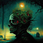 Skull and castle in surreal twilight landscape