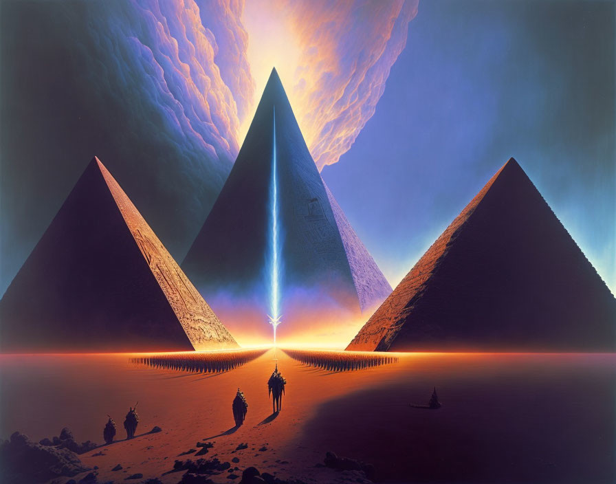 Three large pyramids under dramatic sky with central beam of light and observing figures