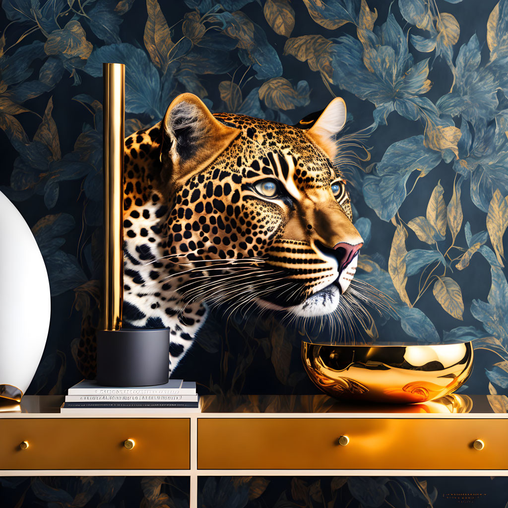 Leopard blending into blue and gold floral wallpaper in modern luxury room