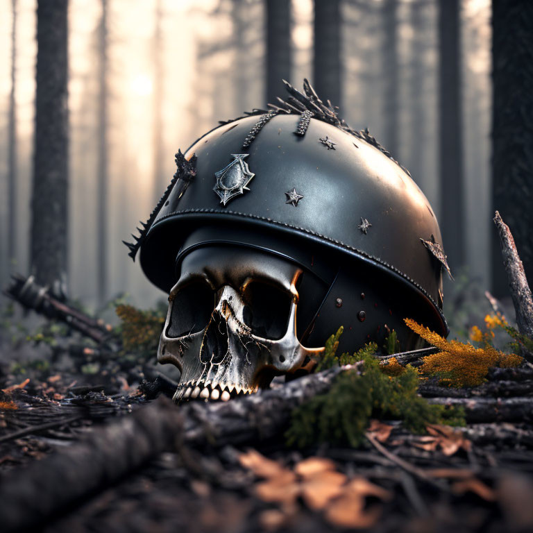 Decorated Skull with Studded Helmet in Forest Setting