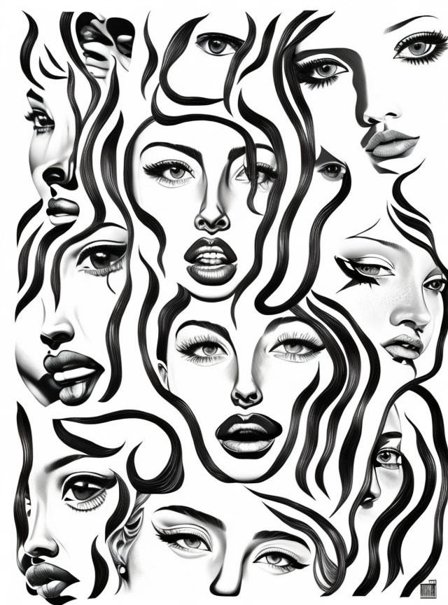 Monochrome collage of women's facial features interwoven in flowing design