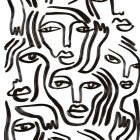 Monochrome collage of women's facial features interwoven in flowing design