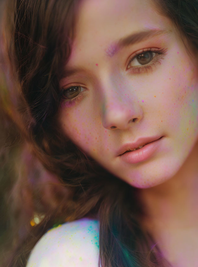 Portrait of young woman with wavy brown hair and freckles in soft gaze.