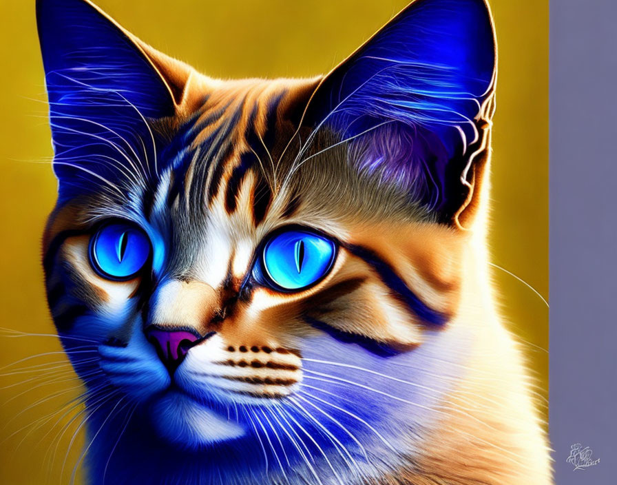 Vivid Digital Painting: Cat with Blue Eyes & Orange Fur