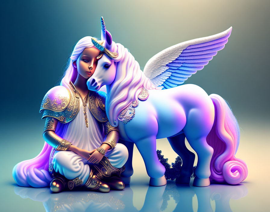 Fantasy illustration of woman and winged unicorn with golden and purple embellishments