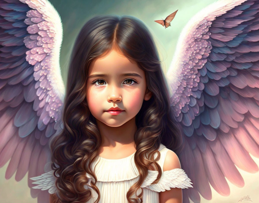 Young girl with pink feathered wings and brown hair in softly lit scene with butterfly.