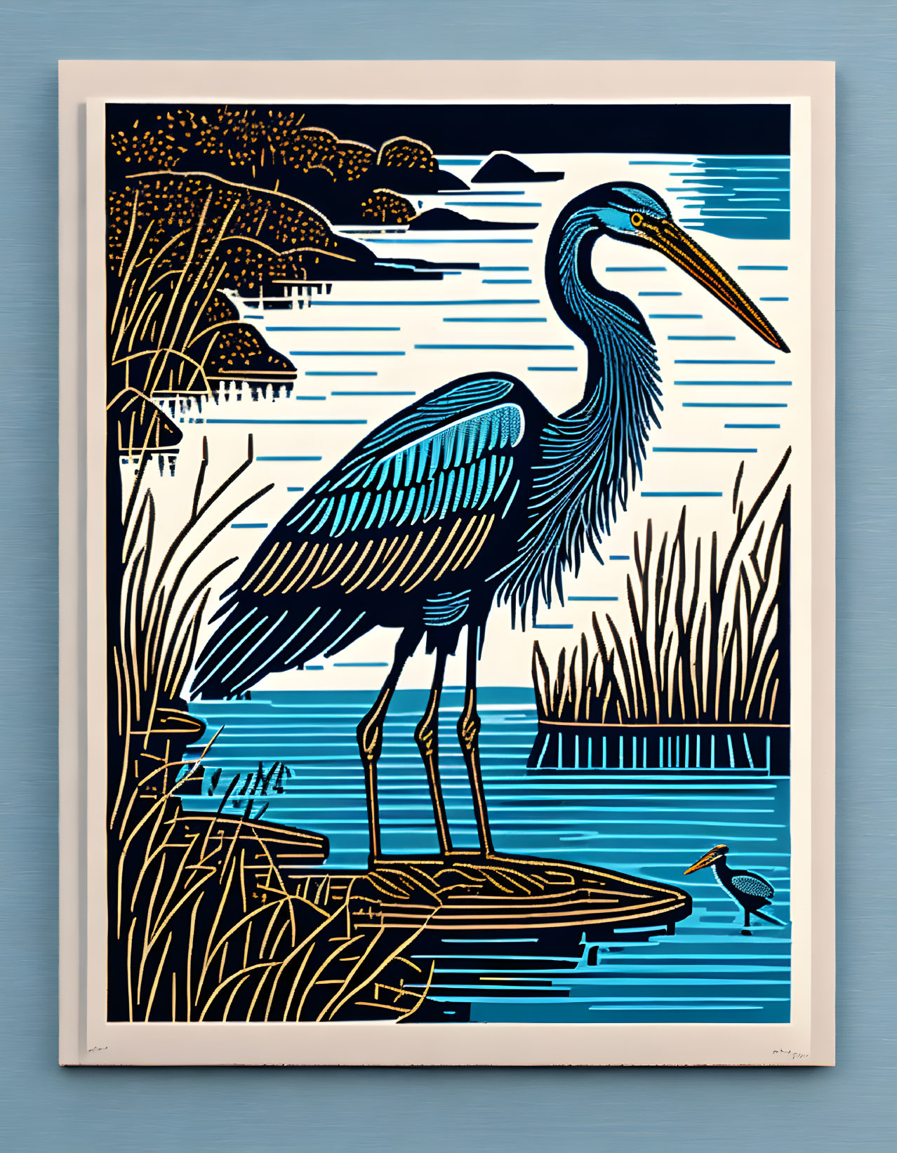 Stylized heron and frog in water with village and hills in blue and beige