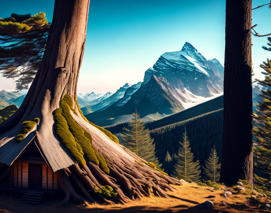 Cozy cabin by giant tree with mountain view