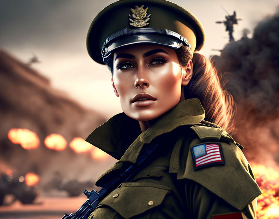 Digital Artwork: Woman in Military Attire with Rifle Amid Explosions