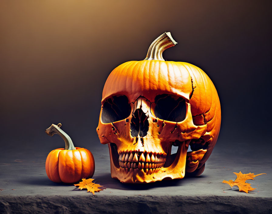 Skull-shaped pumpkin with stem, smaller pumpkin, and autumn leaves on dark backdrop