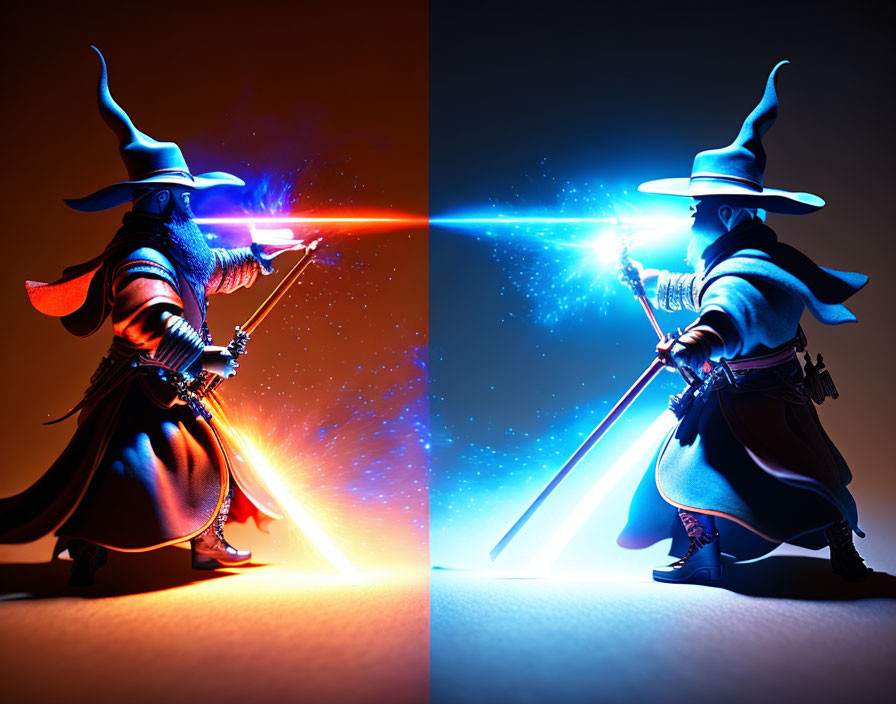 Fantasy scene: Dueling wizards with glowing red and blue swords