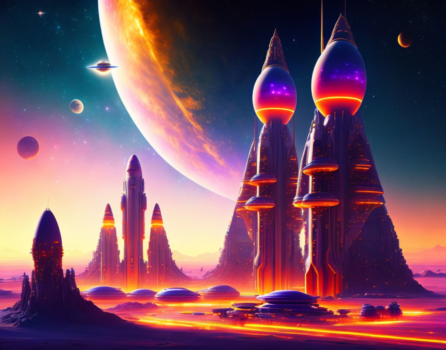 Futuristic sci-fi landscape with glowing towers under twilight sky