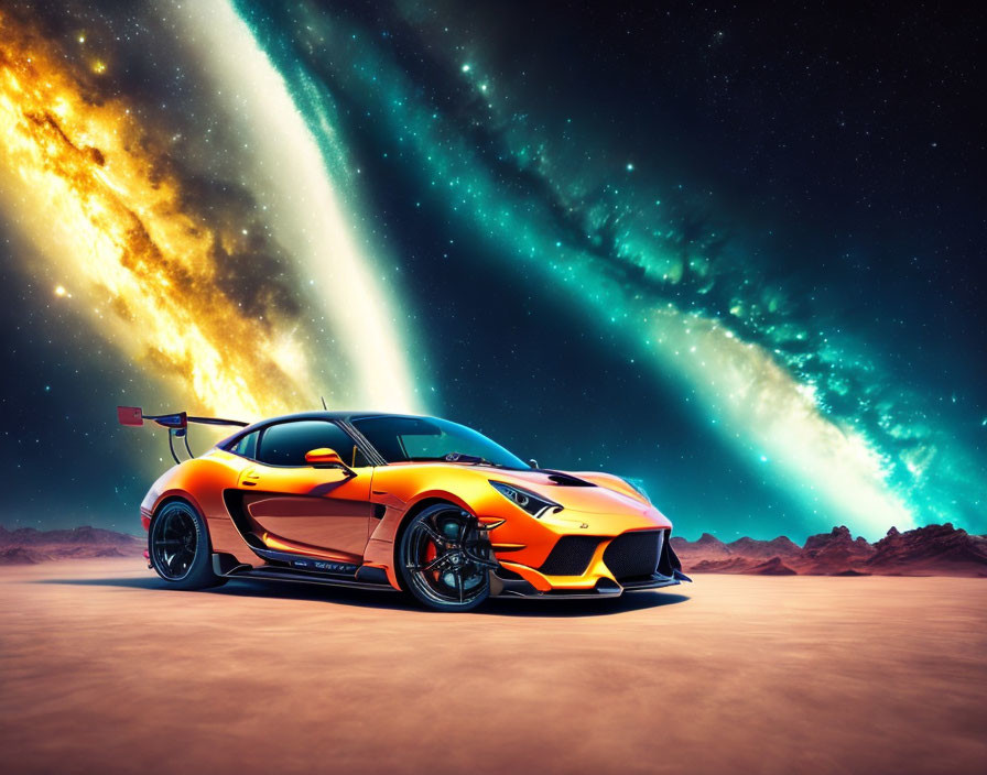 Vibrant orange sports car with racing decals in surreal desert landscape