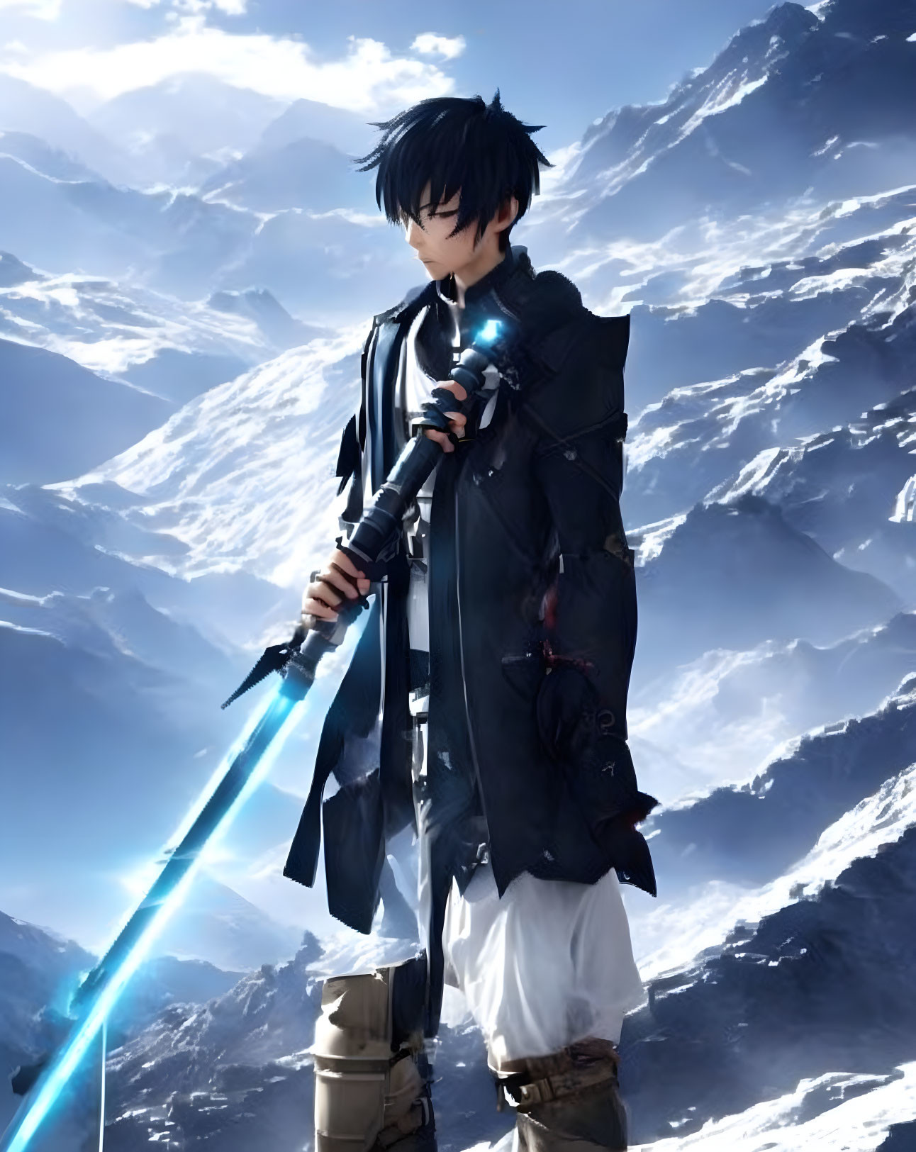 Animated character with black hair and blue glowing sword in snowy mountainous setting