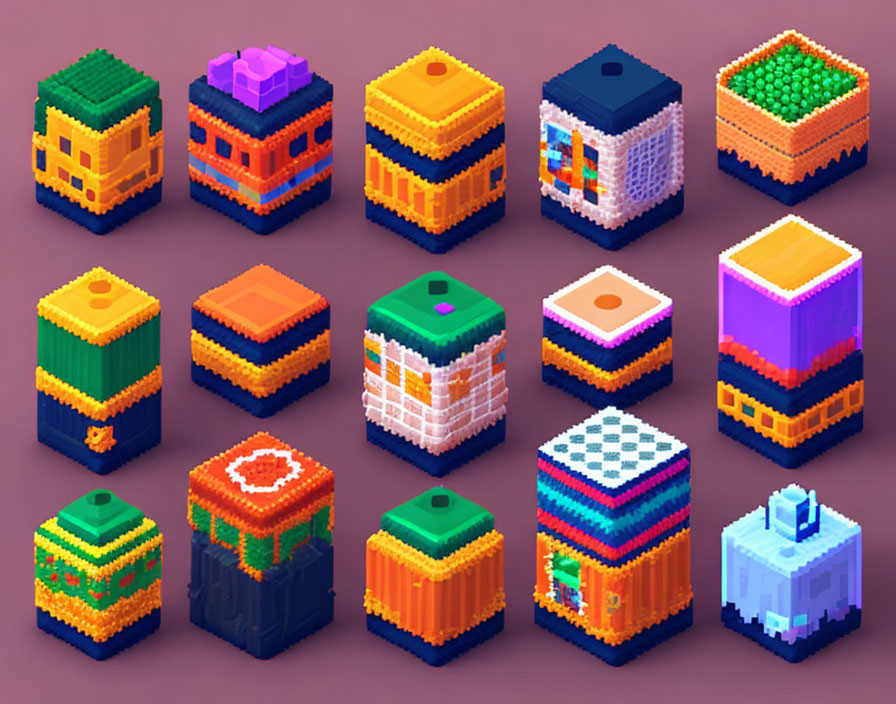 Twelve colorful voxel-style miniature houses on purple background