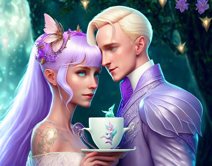 Fantasy illustration of man and woman with elfin features sharing a cup with small dragon.