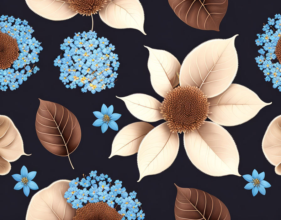 Blue hydrangeas, beige sunflowers, and brown leaves on dark backdrop