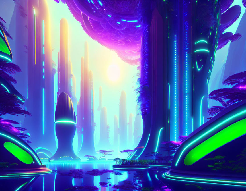 Luminous alien landscape with towering structures and glowing plants