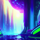 Luminous alien landscape with towering structures and glowing plants