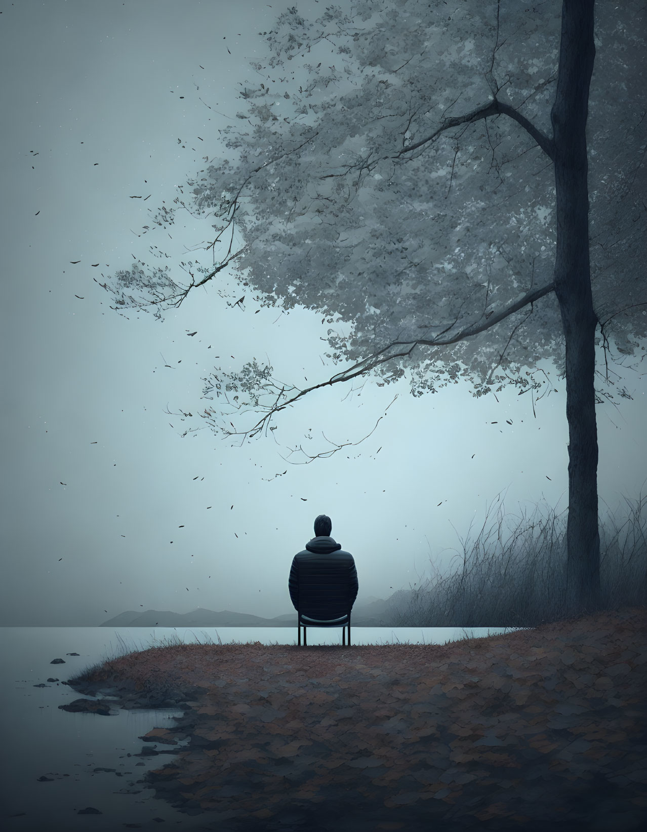 Person sitting under tree by tranquil lake as leaves fall at dusk