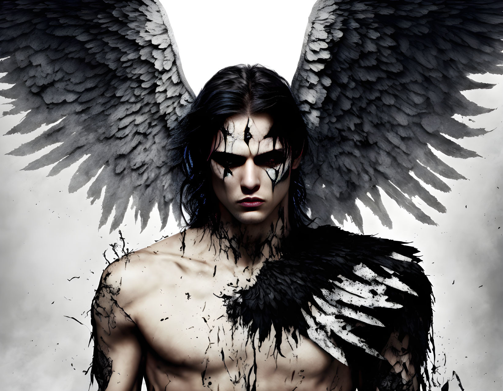 Male figure with black angel wings and intense eyes in dark, dramatic portrait