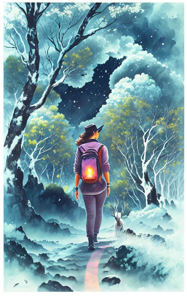 Person with backpack and lantern in mystical forest with rabbit under starry sky