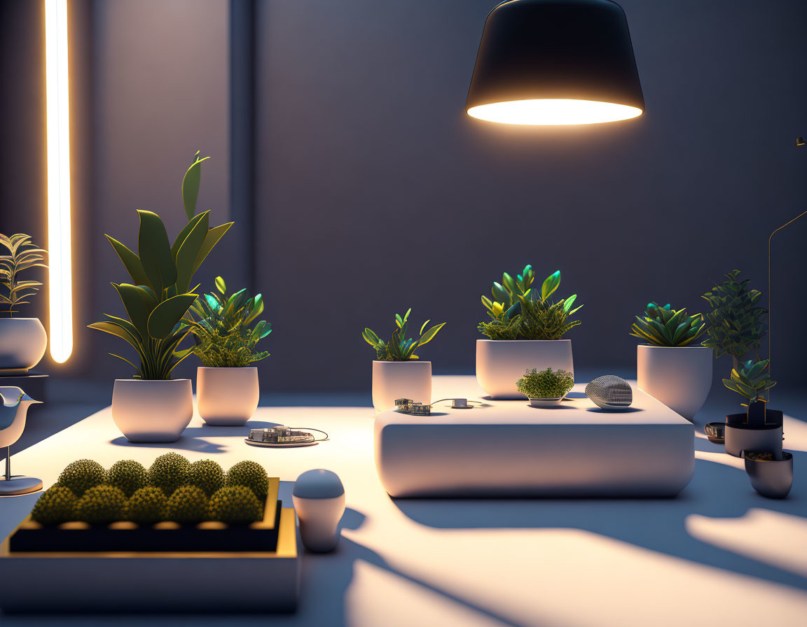 Minimalist Interior with Potted Plants and Ambient Lighting