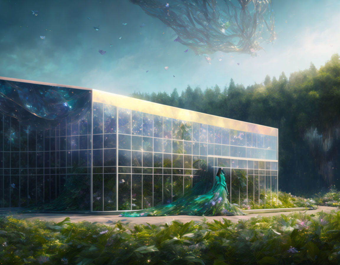 Surreal woman in peacock dress at modern glass building with floating islands and butterflies in ethereal