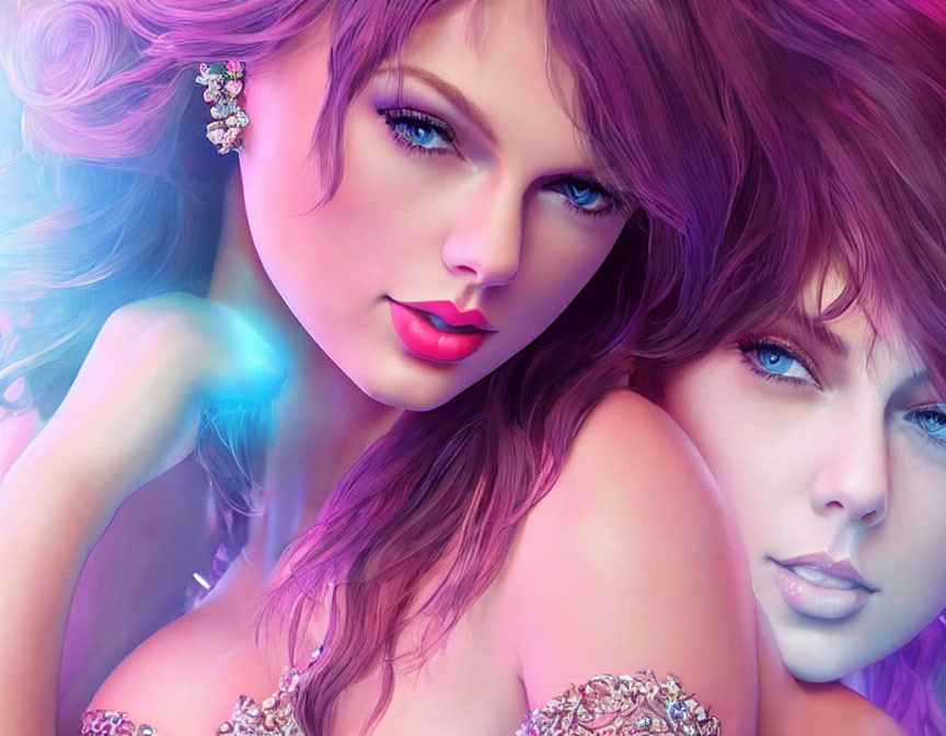 Woman digital artwork: Blue eyes, pink lips, purple lighting, reflective effect