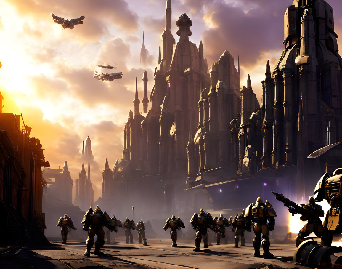 Futuristic cityscape with towering spires, armored soldiers, and flying craft at sunset