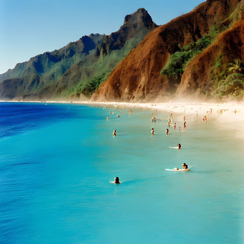 Sandy beach with turquoise waters and lush mountain backdrop