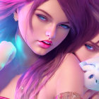 Woman digital artwork: Blue eyes, pink lips, purple lighting, reflective effect