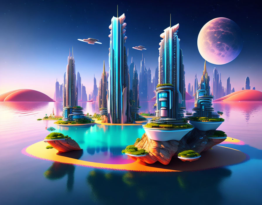 Futuristic cityscape with skyscrapers on floating islands at twilight