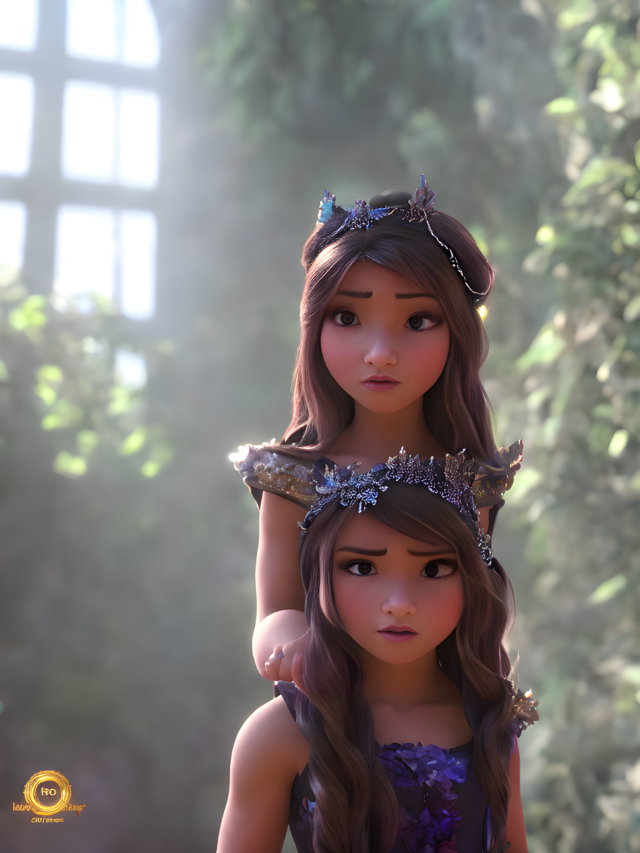 Two princesses with tiaras in greenery setting.