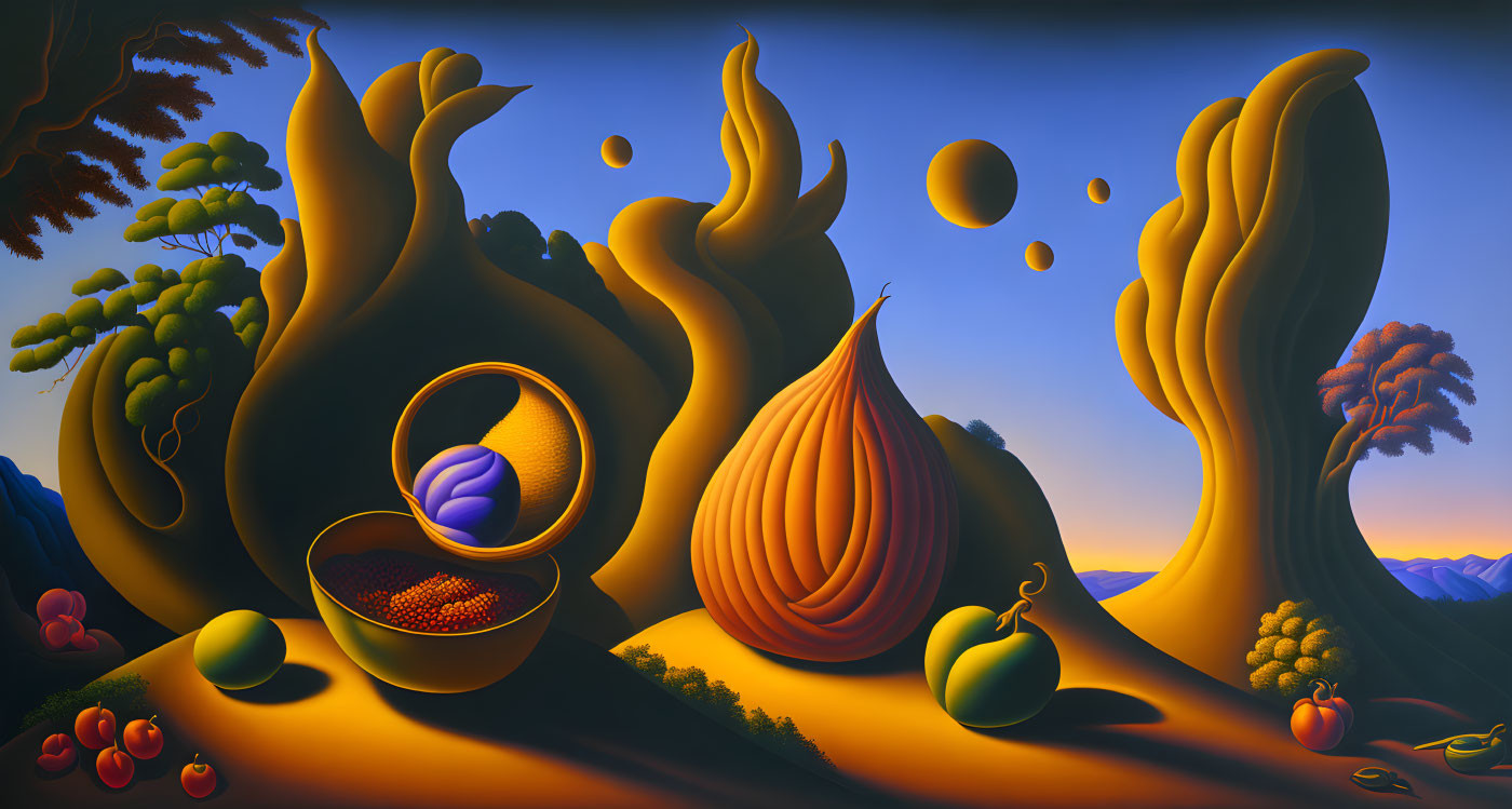 Surreal landscape: Organic shapes, fruits, trees, orbs in twilight