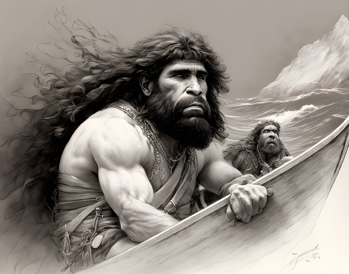 Monochromatic illustration: Two muscular Neanderthals paddling a canoe on wavy sea