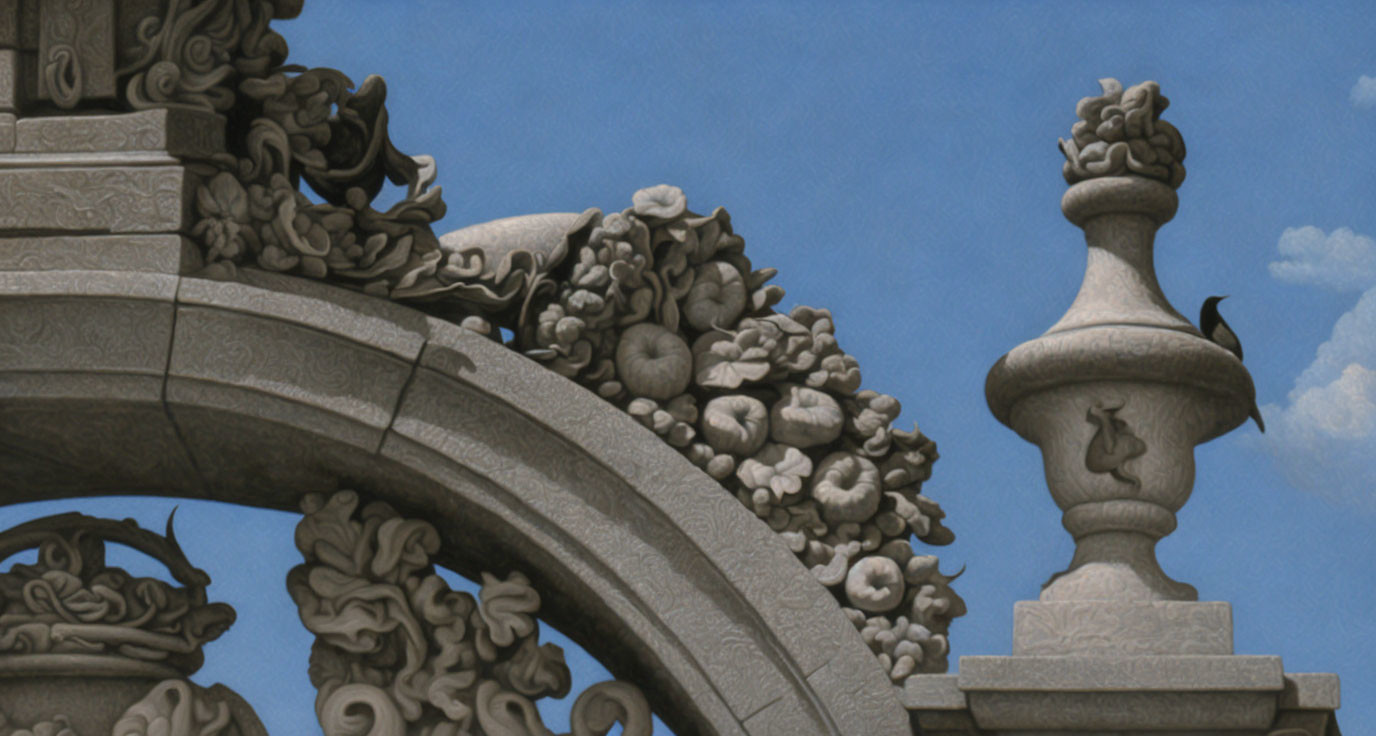 Detailed Stone Arch Carvings of Fruits, Leaves, and Bird on Sky Background